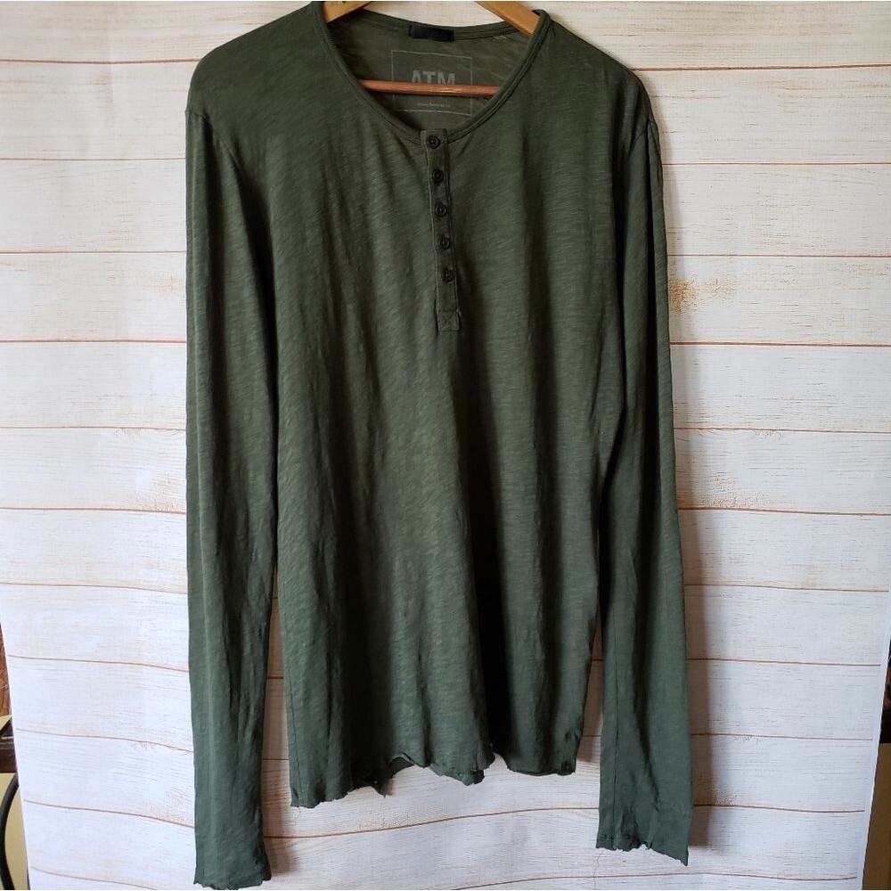 ATM Long Sleeve Distressed Crew Round Neck Cotton T-Shirt Unisex Green Medium
